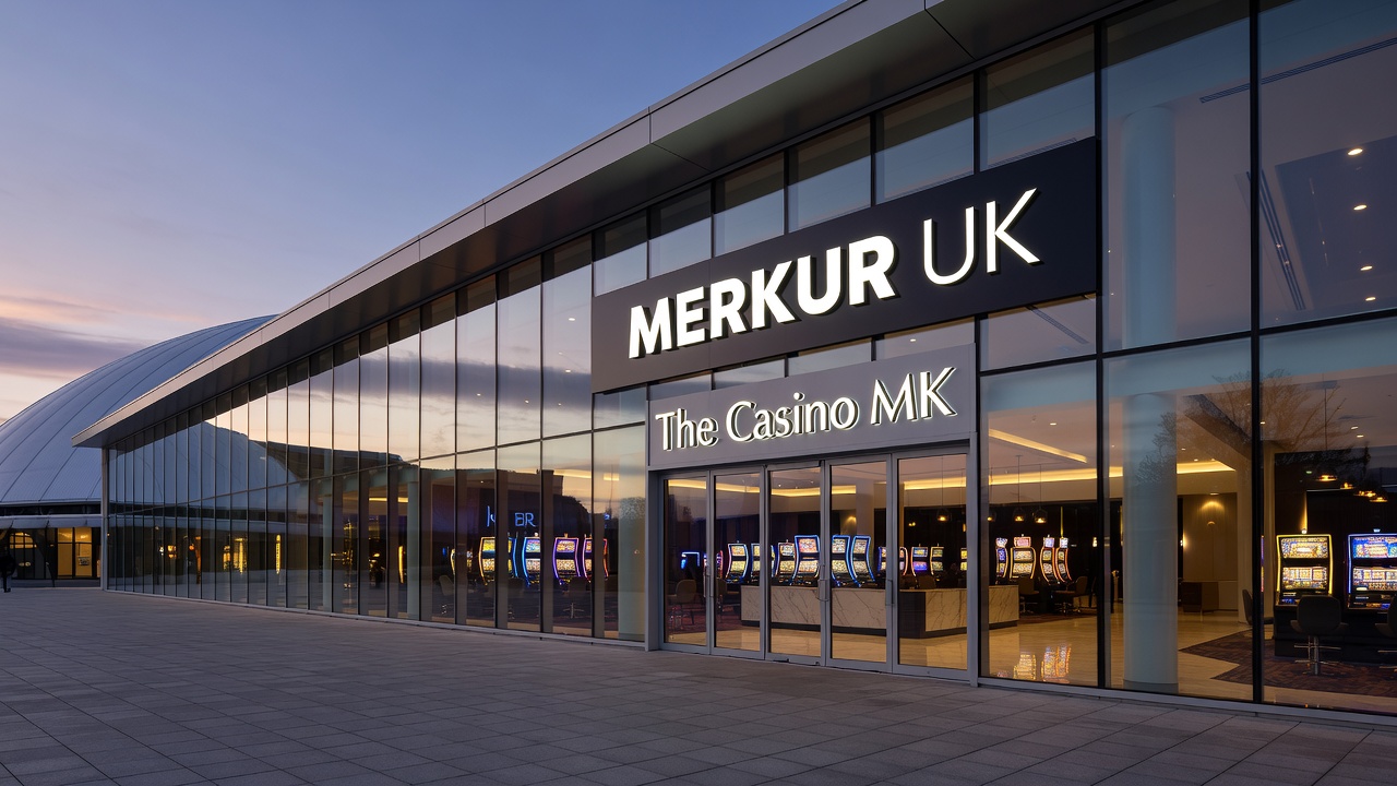 Interior gaming floor of a typical MERKUR casino venue showing table games and slot machines